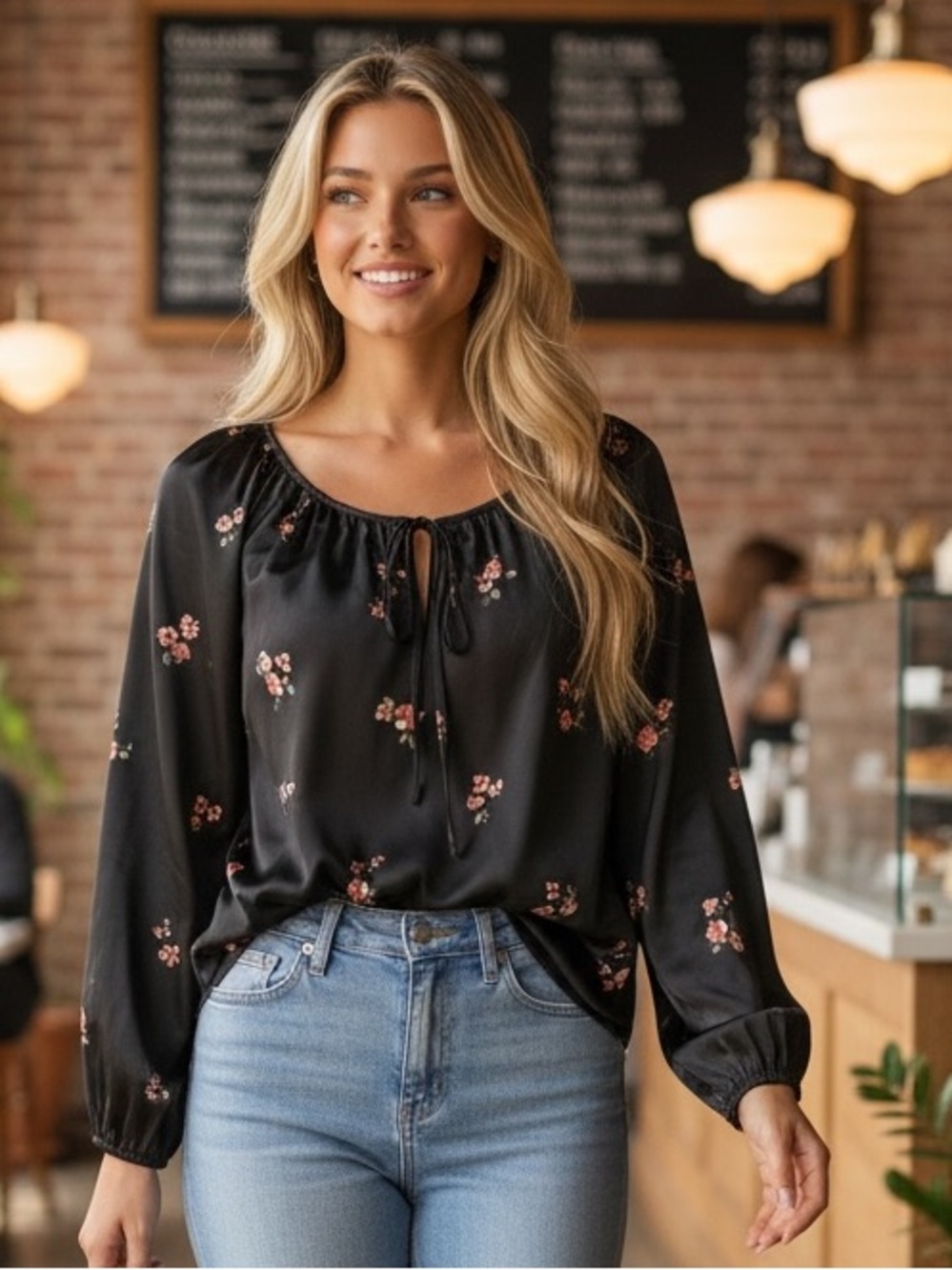DR2 Black Blouse with Pink Floral Print